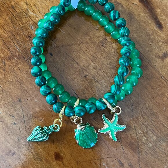 Charmze Set of Two Malachite and Crystal Beaded Stretch Bracelets With Charms - Picture 3 of 5